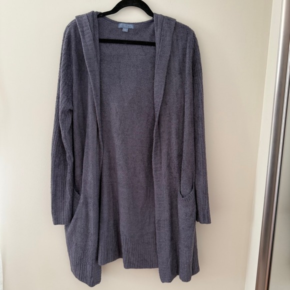 Barefoot Dreams CozyChic Lite Hooded Cardigan Gray Open Front Sweater Large - Picture 2 of 9